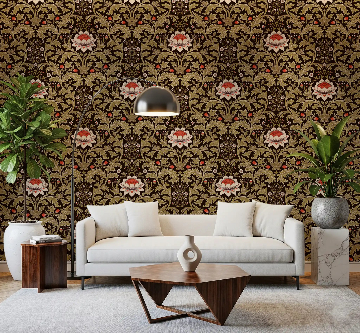 Living room paired with Arts and Crafts Botanical Tapestry wallpaper in olive and brown