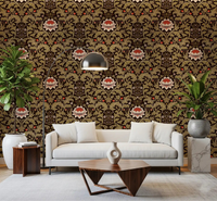 Living room paired with Arts and Crafts Botanical Tapestry wallpaper in olive and brown