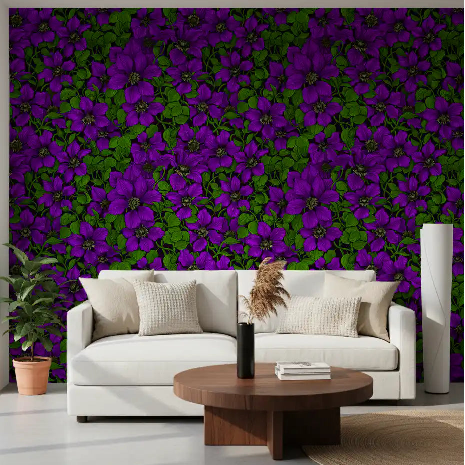 Living room gains a botanical pull from the purple clematis vine wallpaper in deep tones