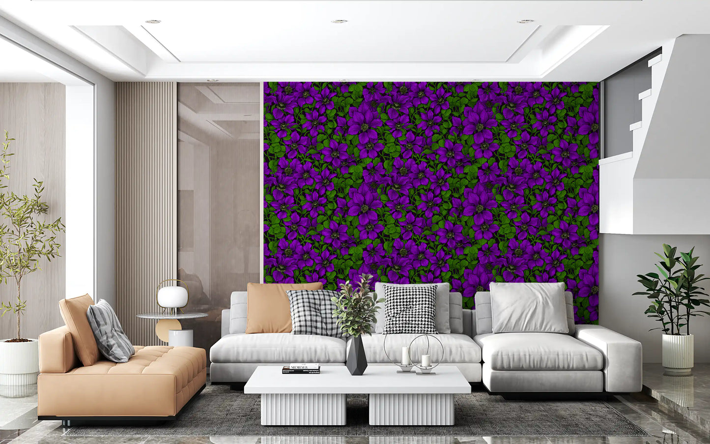 Twisting green leaves frame the purple flowers in this clematis vine wallpaper