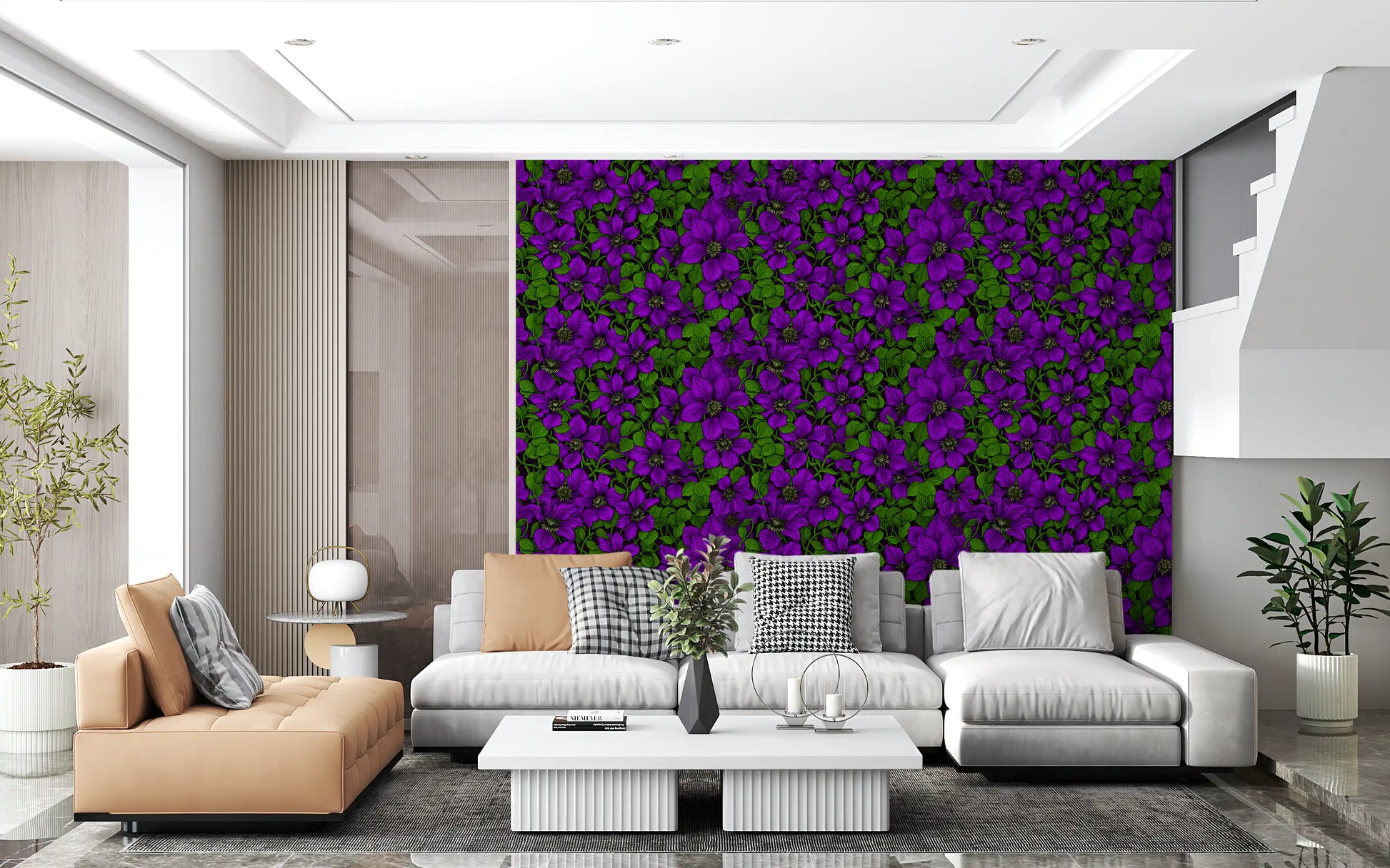 Twisting green leaves frame the purple flowers in this clematis vine wallpaper