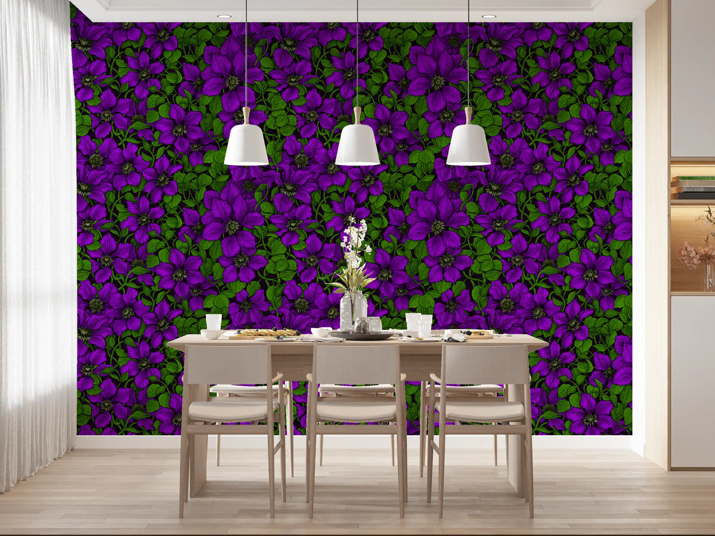 Dining setting where purple clematis wallpaper acts as the main floral pull