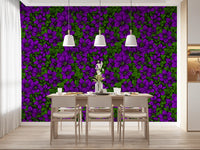 Dining setting where purple clematis wallpaper acts as the main floral pull