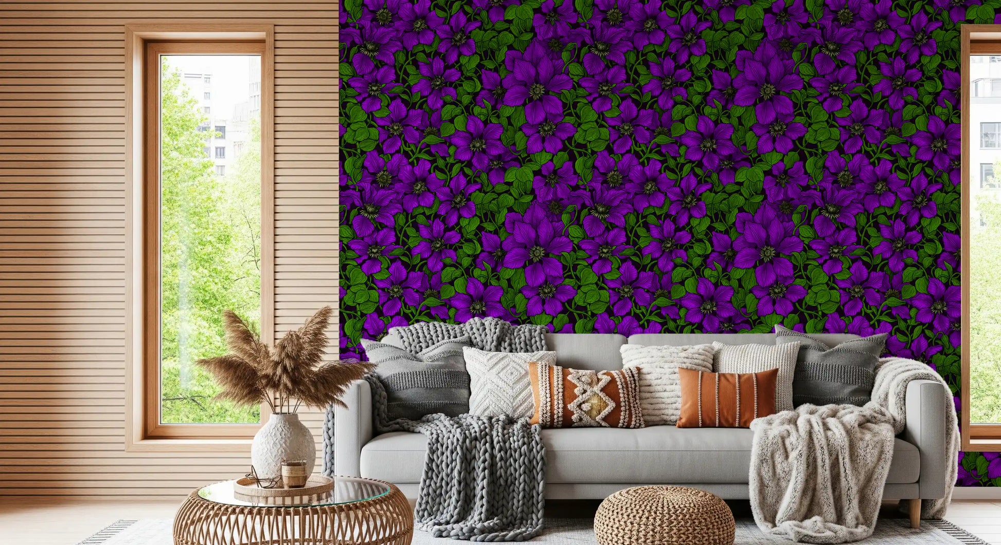 At the centre of every bloom, pale starry detail anchors the purple clematis vine wallpaper