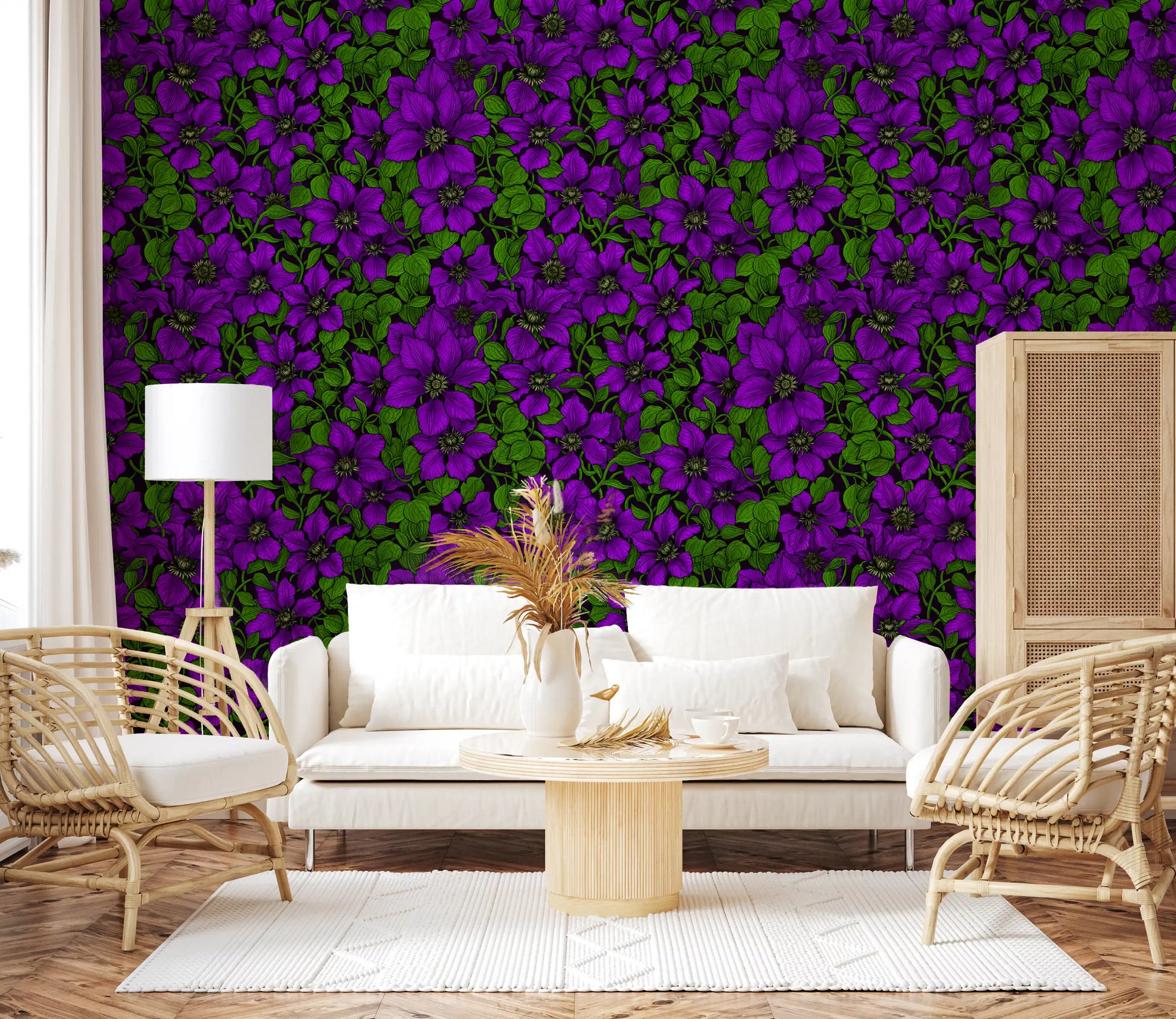 Botanical mood drifts through the Living room via the purple clematis vine wallpaper