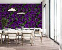 Dining room flanked by the purple clematis vine wallpaper in deep purples and lush green