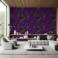 Deep purple clematis blooms layer over green vines on this hand-drawn botanical wallpaper