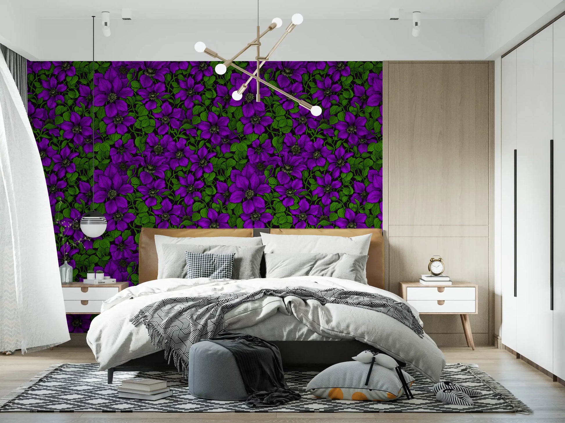 Bedroom backdrop done in purple clematis vine wallpaper with green foliage and deep tones