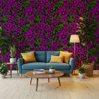 Living room nook lined with vivid pink clematis floral wallpaper