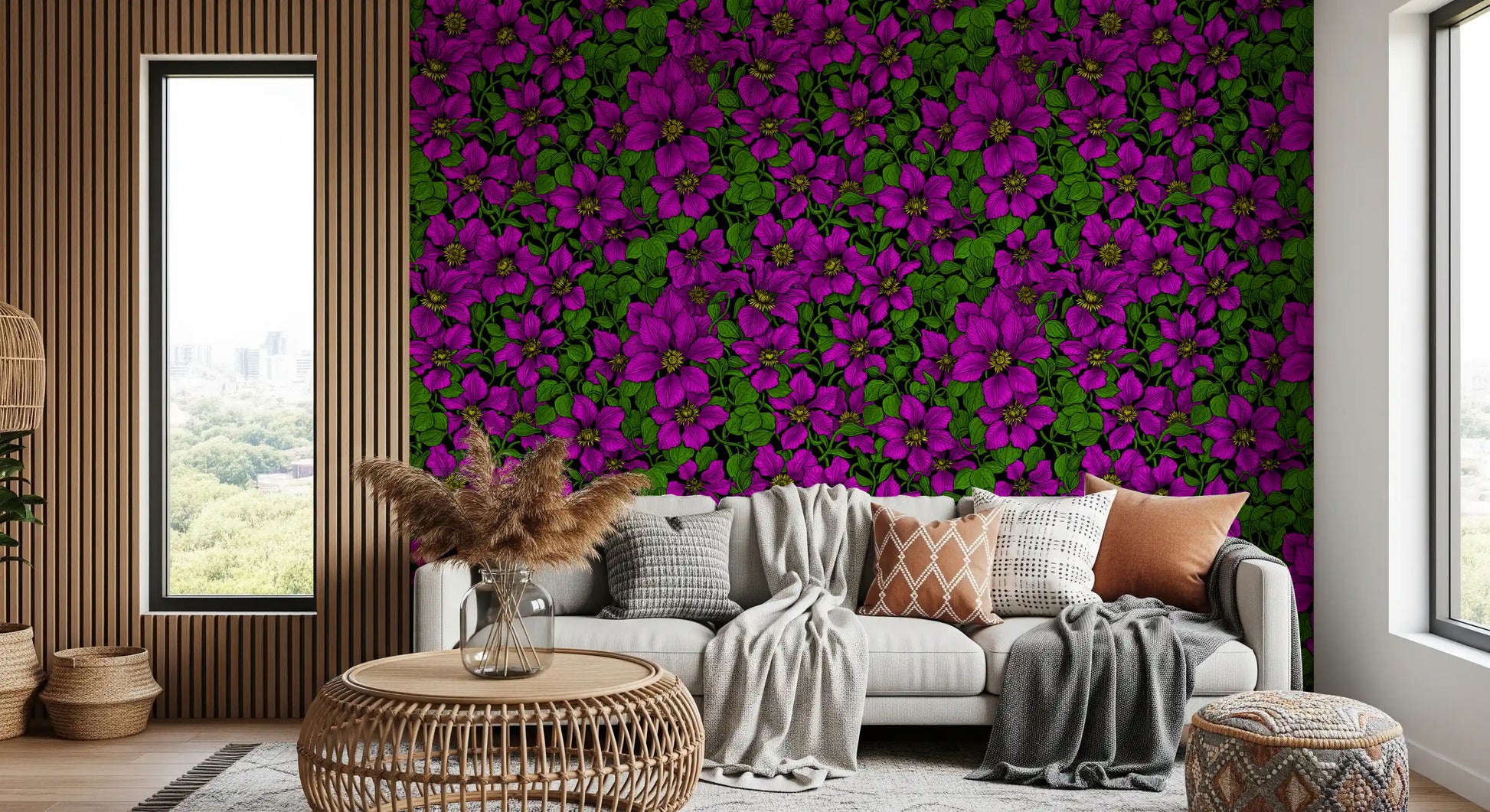Cosy living room scene with dramatic clematis vine wallpaper
