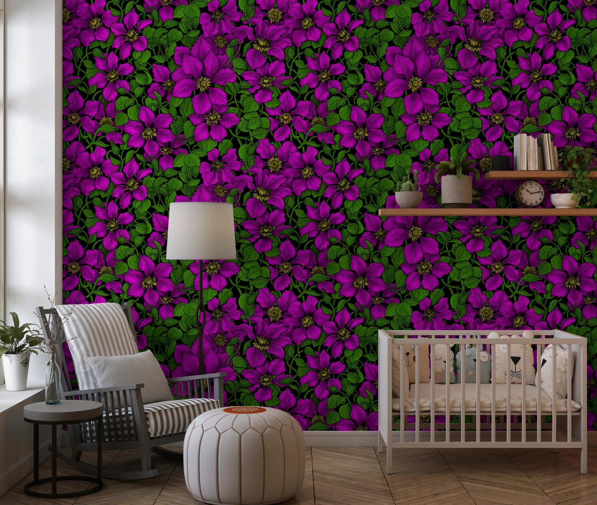 Twisting green vines weaving between bright clematis blooms on wallpaper