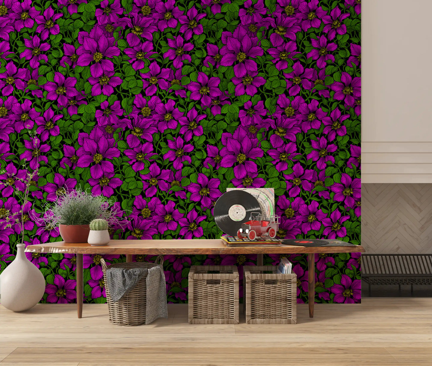 Rich petal veining shown on Pink Clematis Vine wallpaper pattern