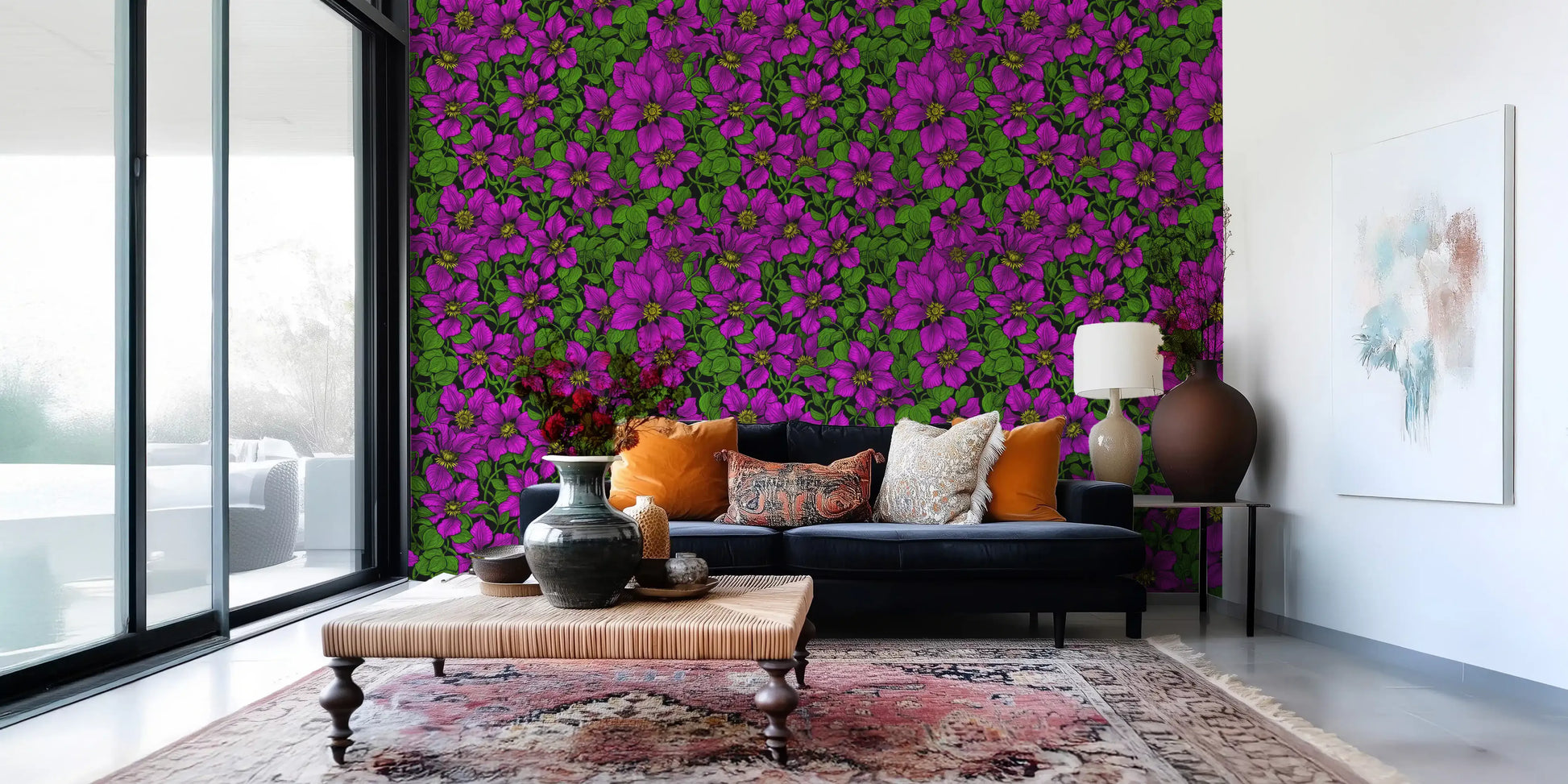 Golden flower centres detailed across vivid clematis floral wallpaper