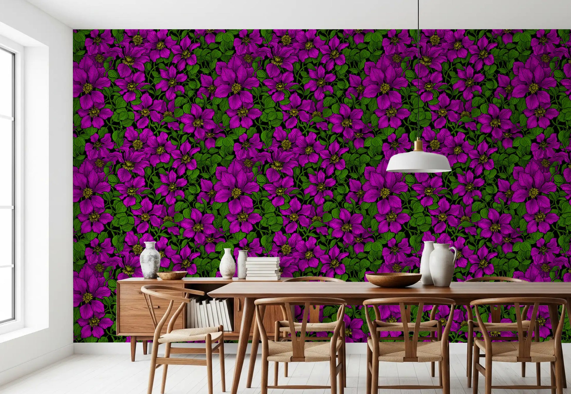 Bold magenta clematis blooms climbing lush vines on Pink Clematis Vine wallpaper