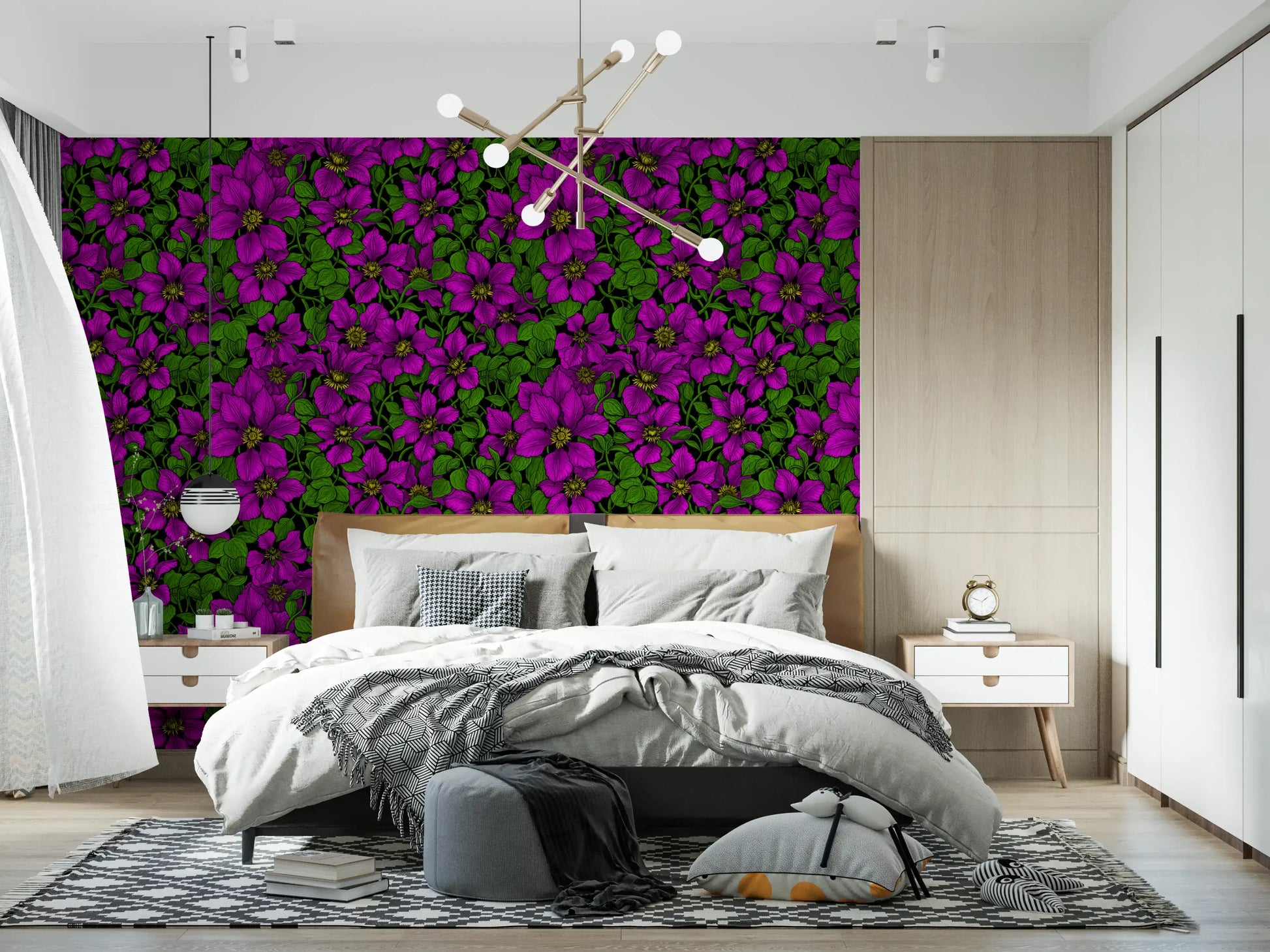 Bedroom corner glowing beside pink clematis floral wallpaper