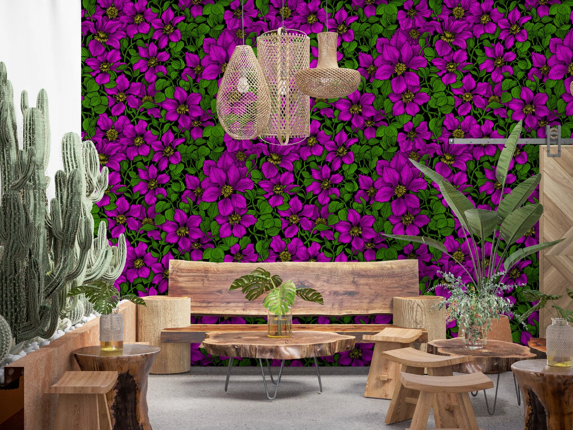 Dining room lounge brightened by Pink Clematis Vine wallpaper