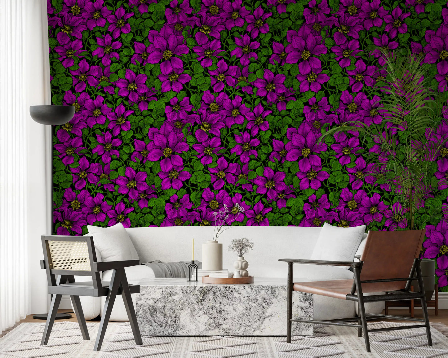 Modern living room set against magenta clematis vine wallpaper