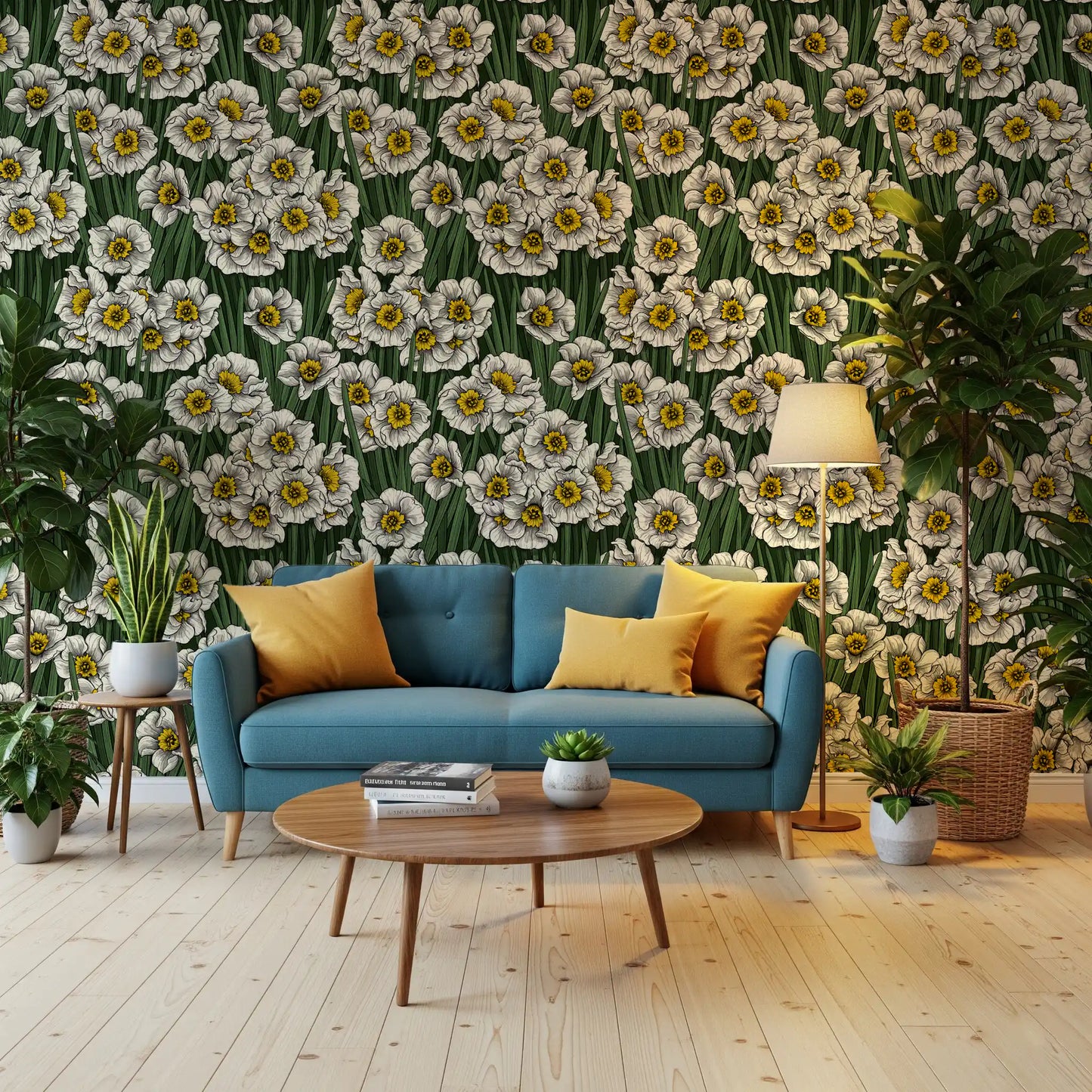 Living room paired with Daffodils wallpaper in white yellow and forest green