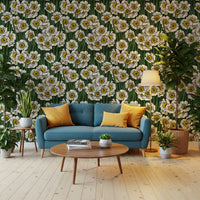 Living room paired with Daffodils wallpaper in white yellow and forest green