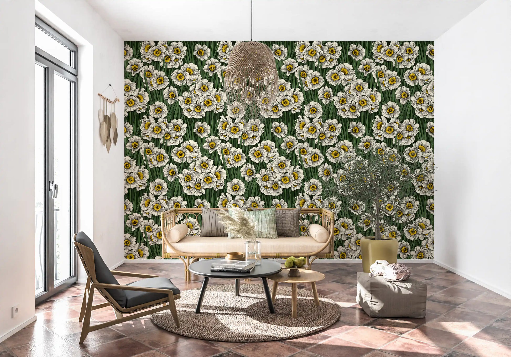 Vintage illustrated blooms trail a hallway with Daffodils wallpaper