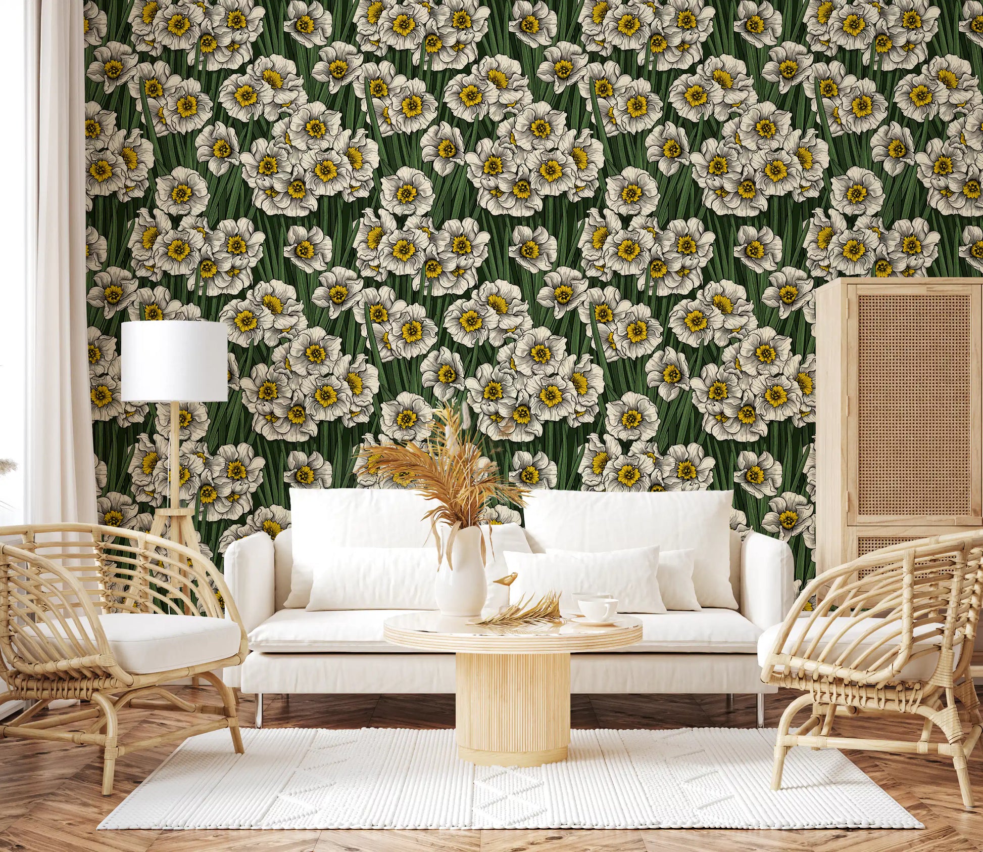 Crisp white blooms refresh a Living room in this botanical Daffodils wallpaper