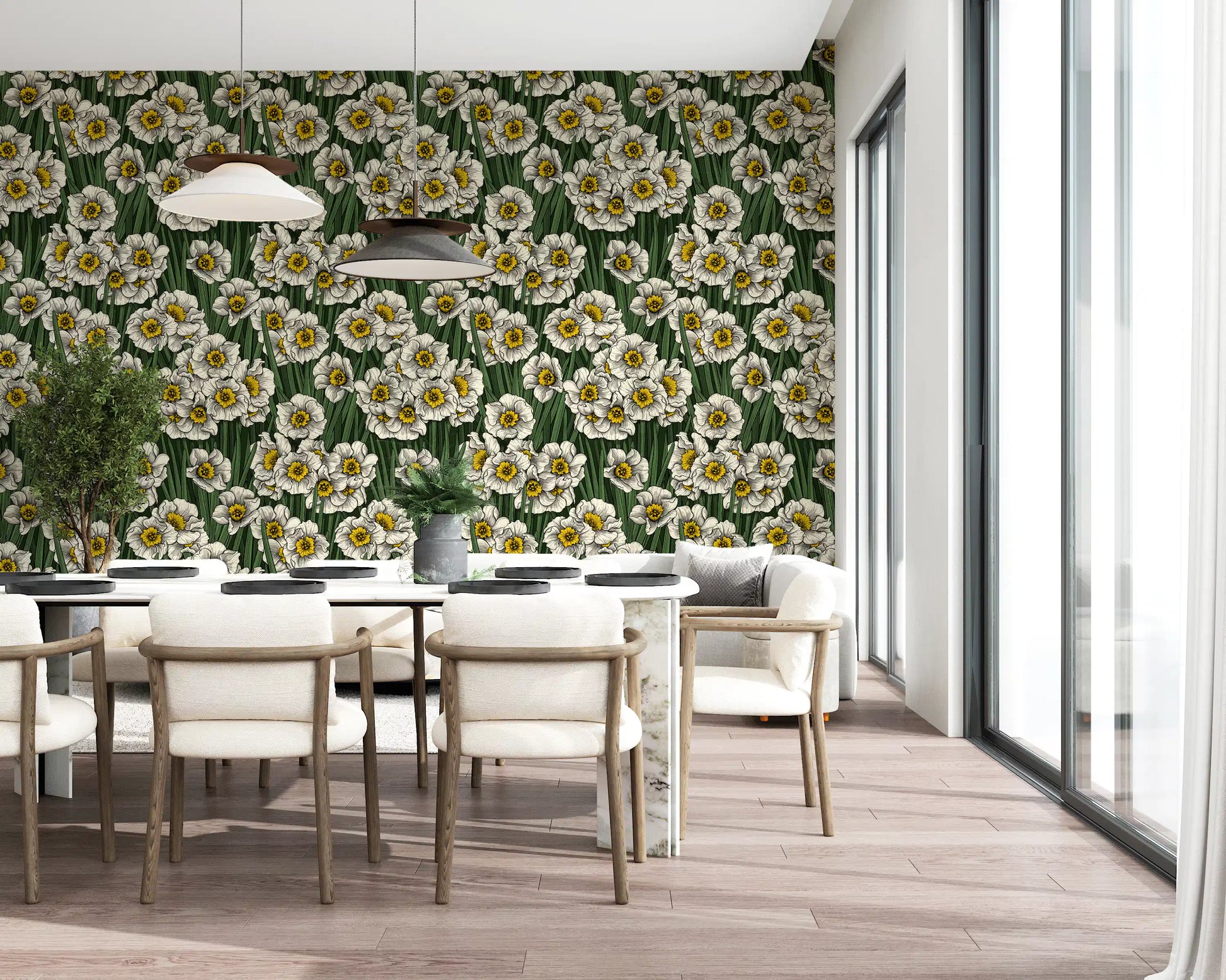 Forest-green leaves and slender grass blades back the Daffodils wallpaper