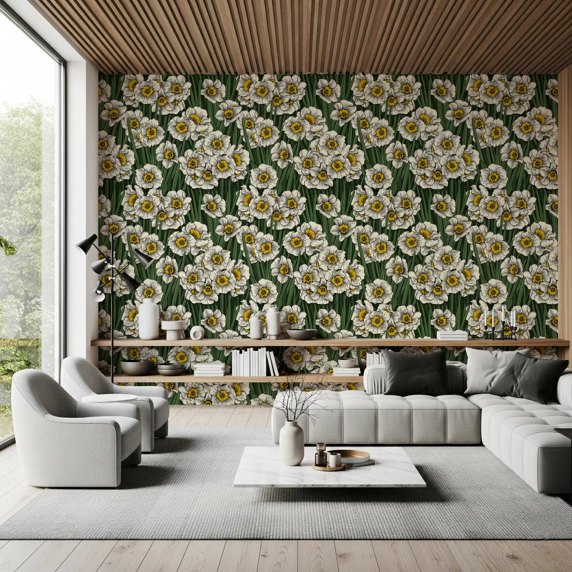 Crisp white petals and golden centers fill this botanical Daffodils wallpaper