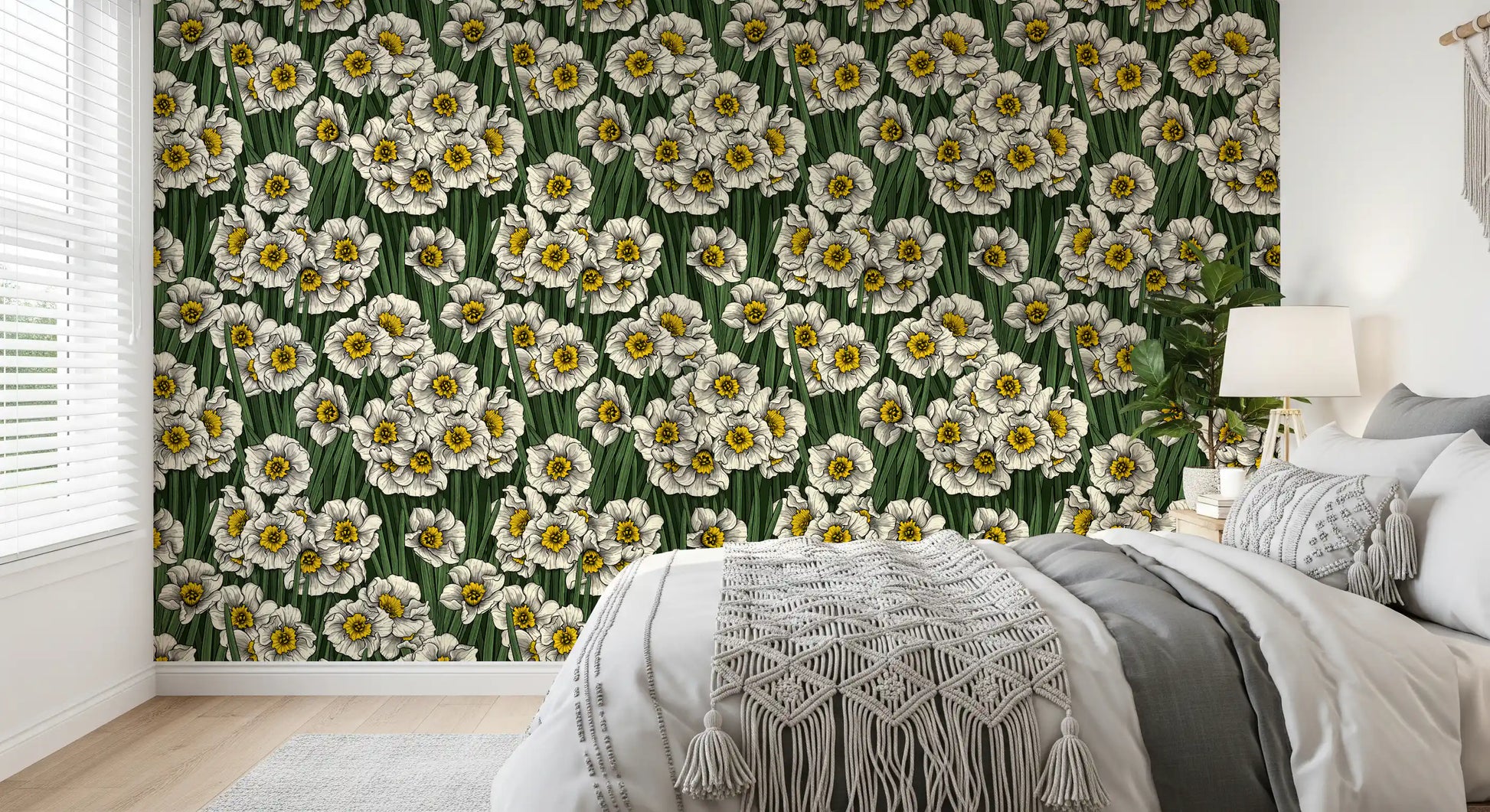 White petals and grass blades fill a Bedroom with Daffodils wallpaper
