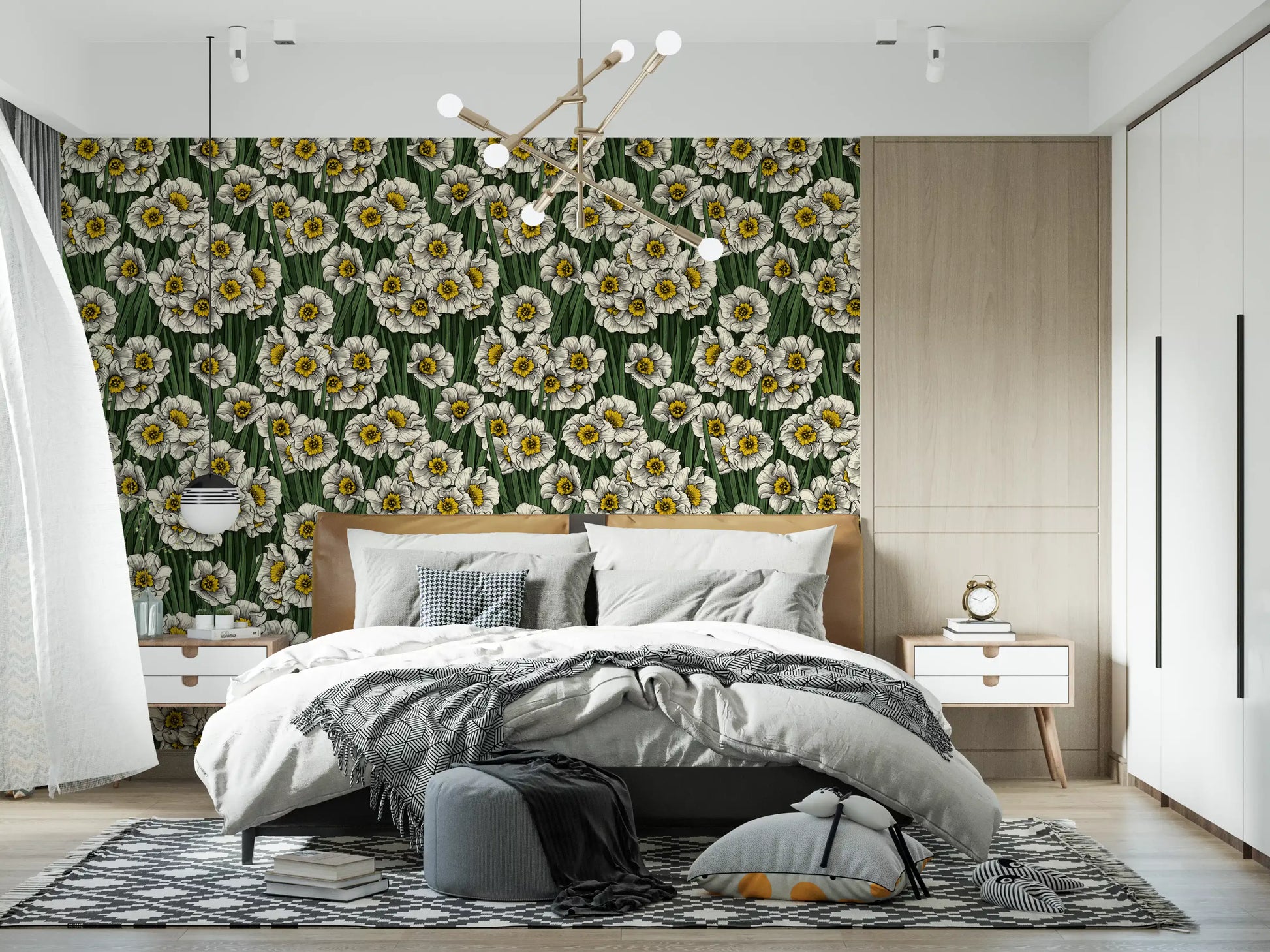 Daffodils wallpaper brings a fresh botanical mood to a bedroom