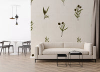 Bright lounge area highlighted by this beautiful botanical Canvas wallpaper pattern.