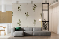 Repeating botanical foliage seen across the surface of this Olive wallpaper