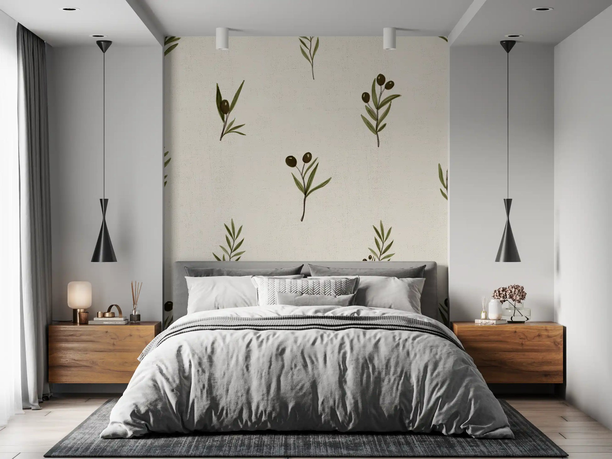 Quiet Bedroom featuring the gentle nature elements of this botanical wallpaper.