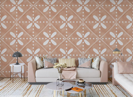A modern living room displaying the Tuscany Cotto Tiles Wallpaper.