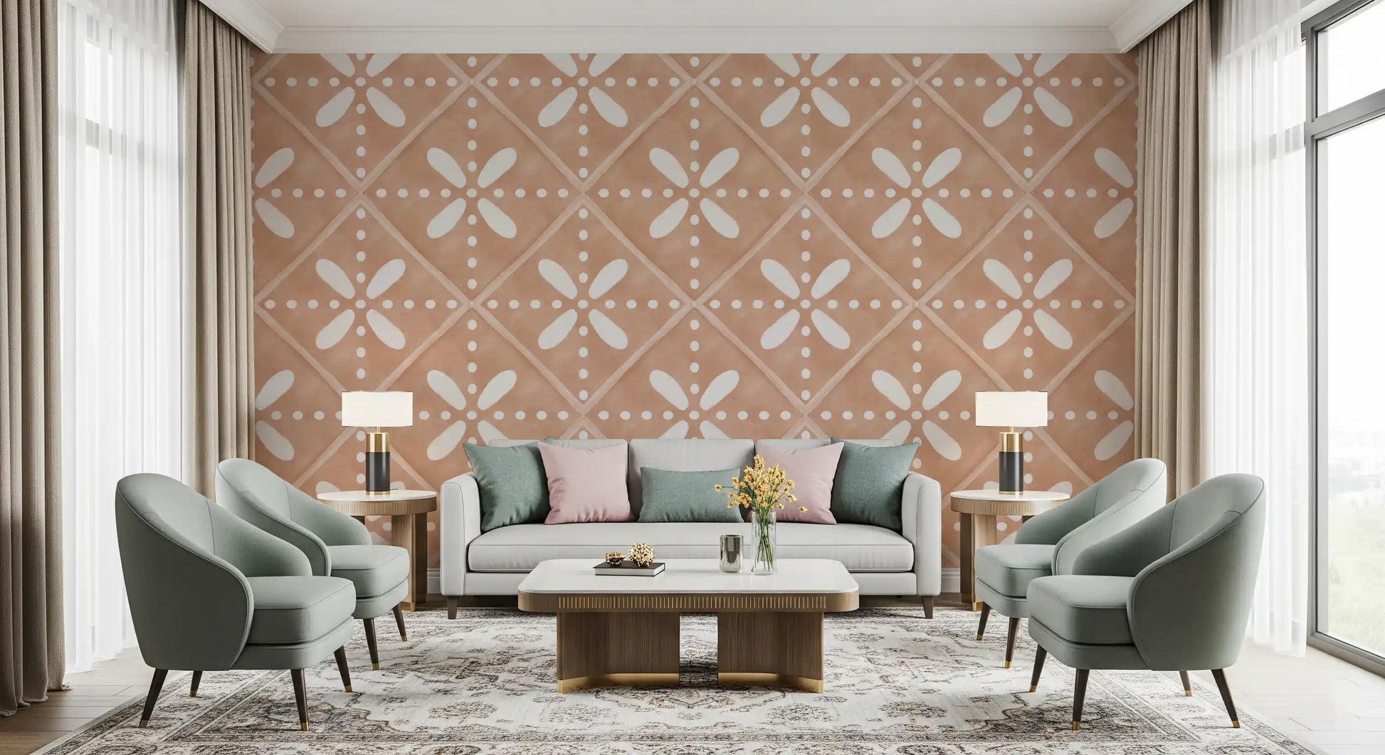 The lounge area features an earthy Tuscany wallpaper pattern.