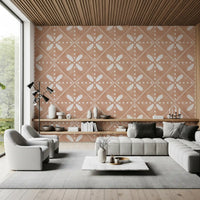 A serene Living room featuring a warm terracotta Tiles wallpaper.