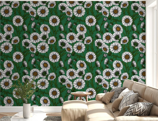 Living room covered in Daisies on emerald green Wallpaper.