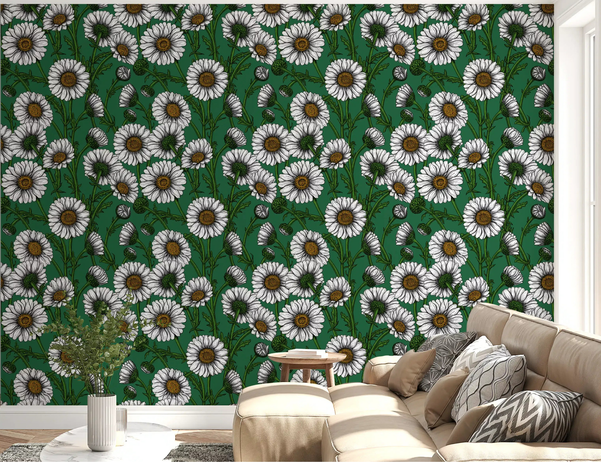 Living room covered in Daisies on emerald green Wallpaper.