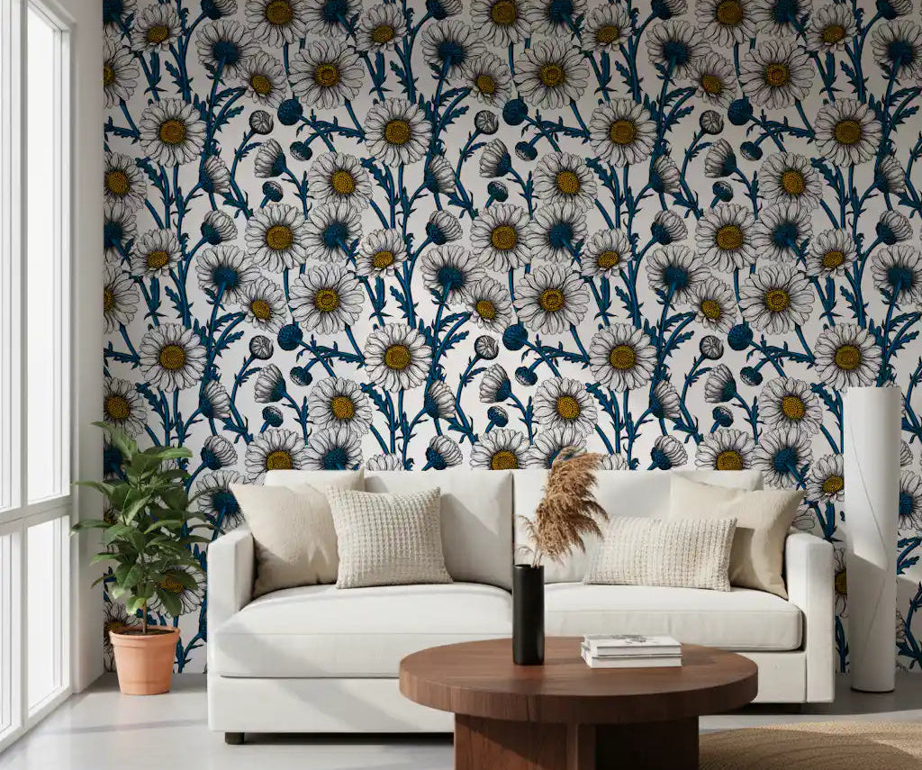 Daisies on white Wallpaper in a modern living room.