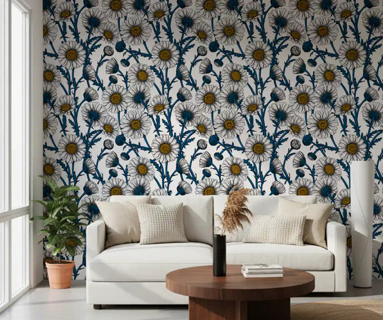 Daisies on white Wallpaper in a modern living room.