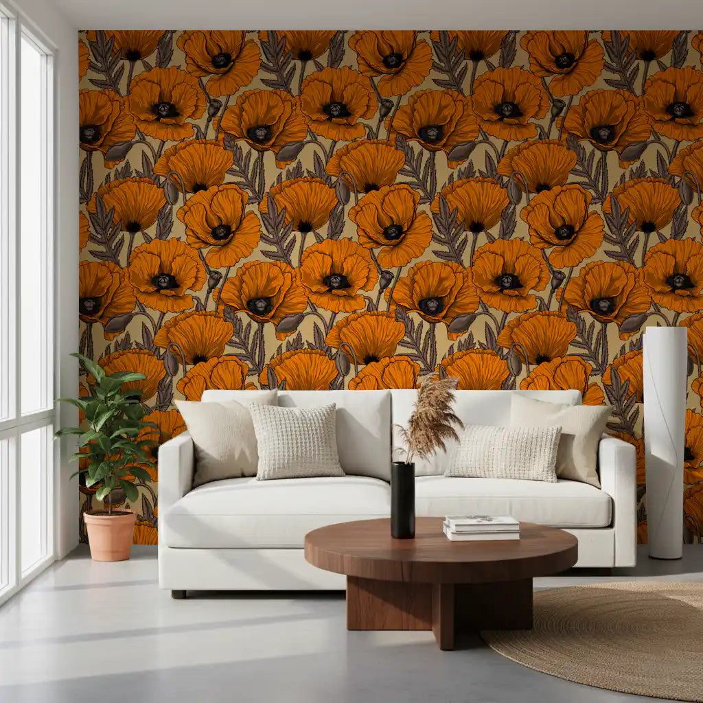 Orange poppy garden Wallpaper installed perfectly in a bright living room.