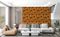 Detailed poppy wallpaper enhancing the aesthetic of a large living room.