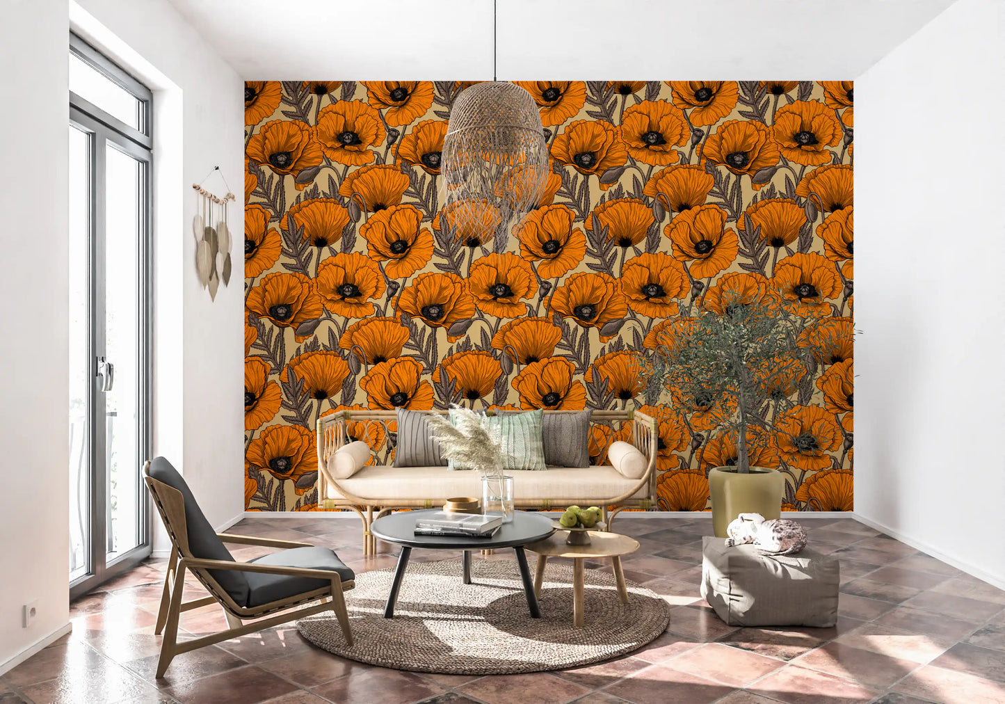 Living room atmosphere improved by this bright poppy wallpaper
