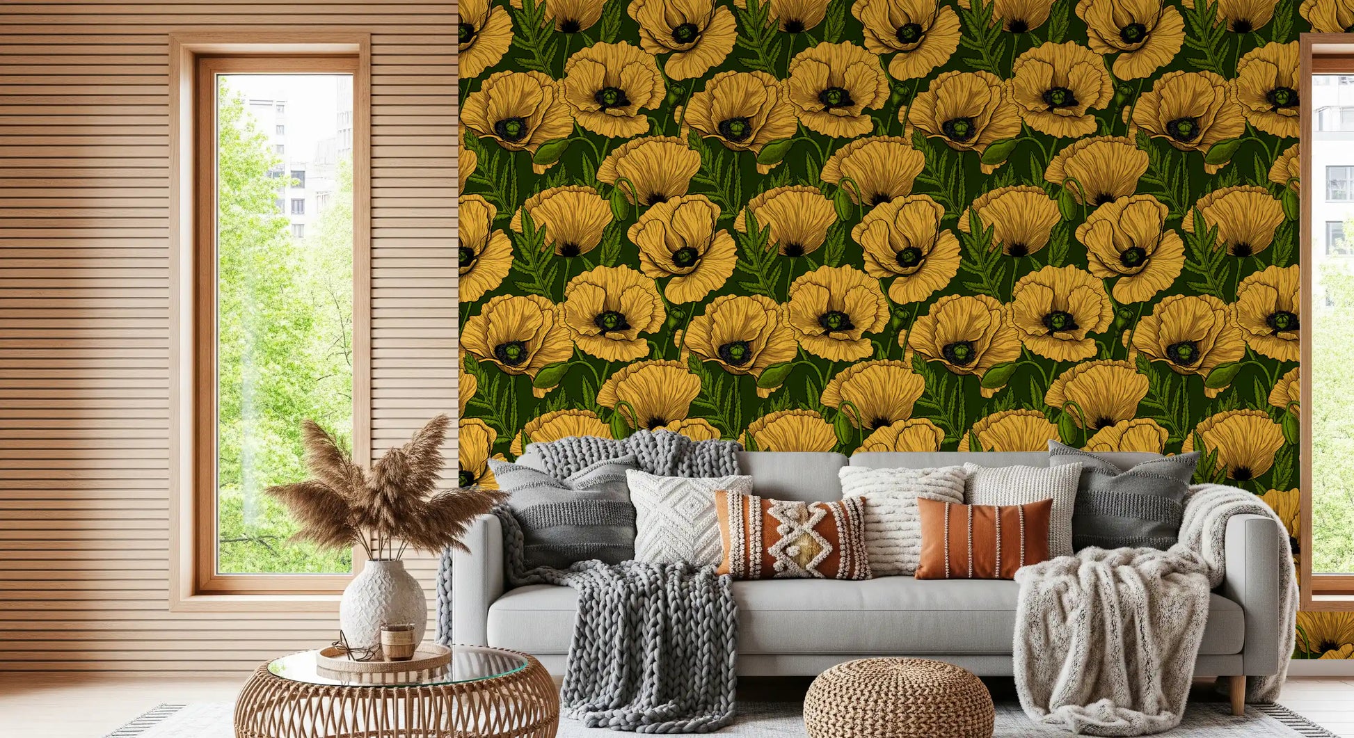 Slim green stems and pointed leaves weave through the poppy wallpaper pattern.