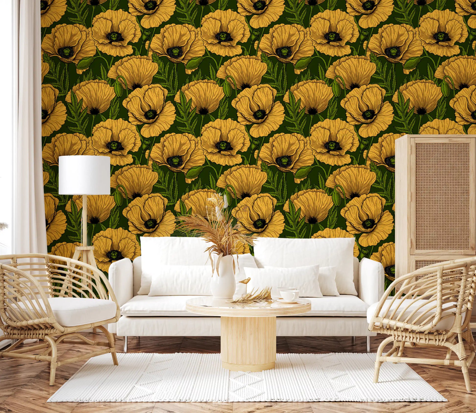 Deep forest green sets the mood in this Living room , with golden poppy wallpaper detail.