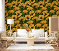 Deep forest green sets the mood in this Living room , with golden poppy wallpaper detail.