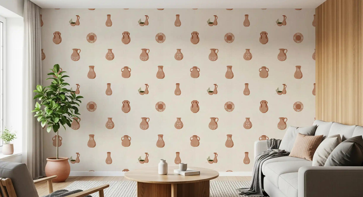 Painted clay jugs scatter through the living room in this Tuscany Pottery wallpaper.