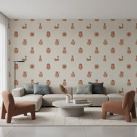 Tuscany Pottery wallpaper layers clay jugs and amphoras on a cream canvas backdrop.