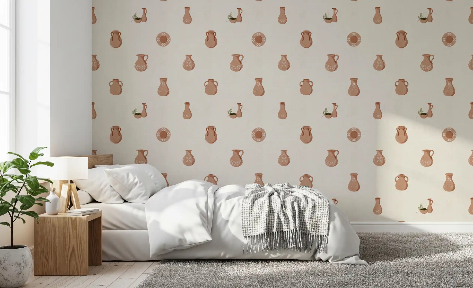 Rustic Tuscany Pottery canvas wallpaper sets a warm tone in the open Bedroom.