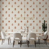 Painted dot work decorates each pot in this rustic Tuscany Pottery canvas wallpaper.