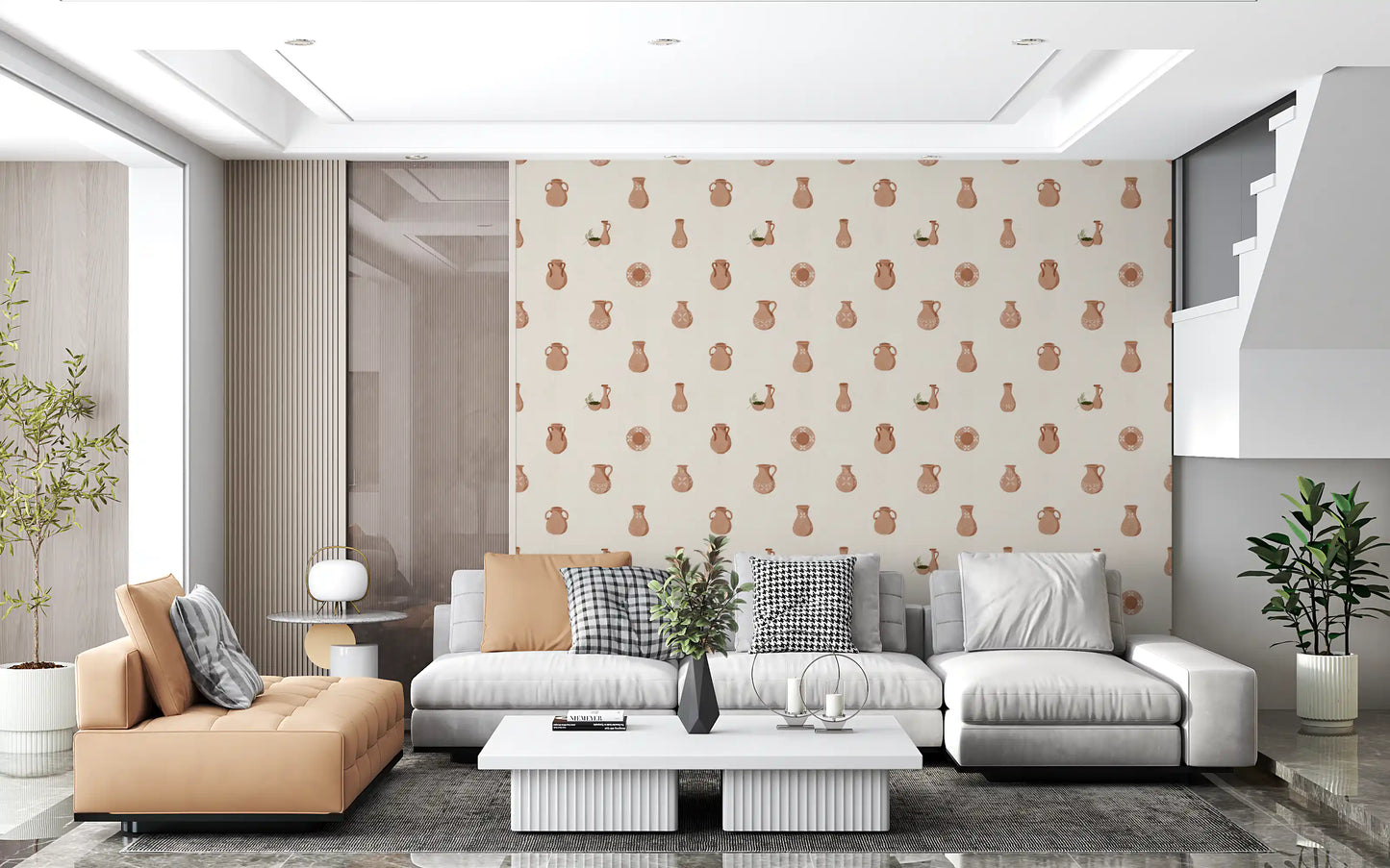 Earthy terracotta tones repeat over an ivory weave in pottery canvas wallpaper.